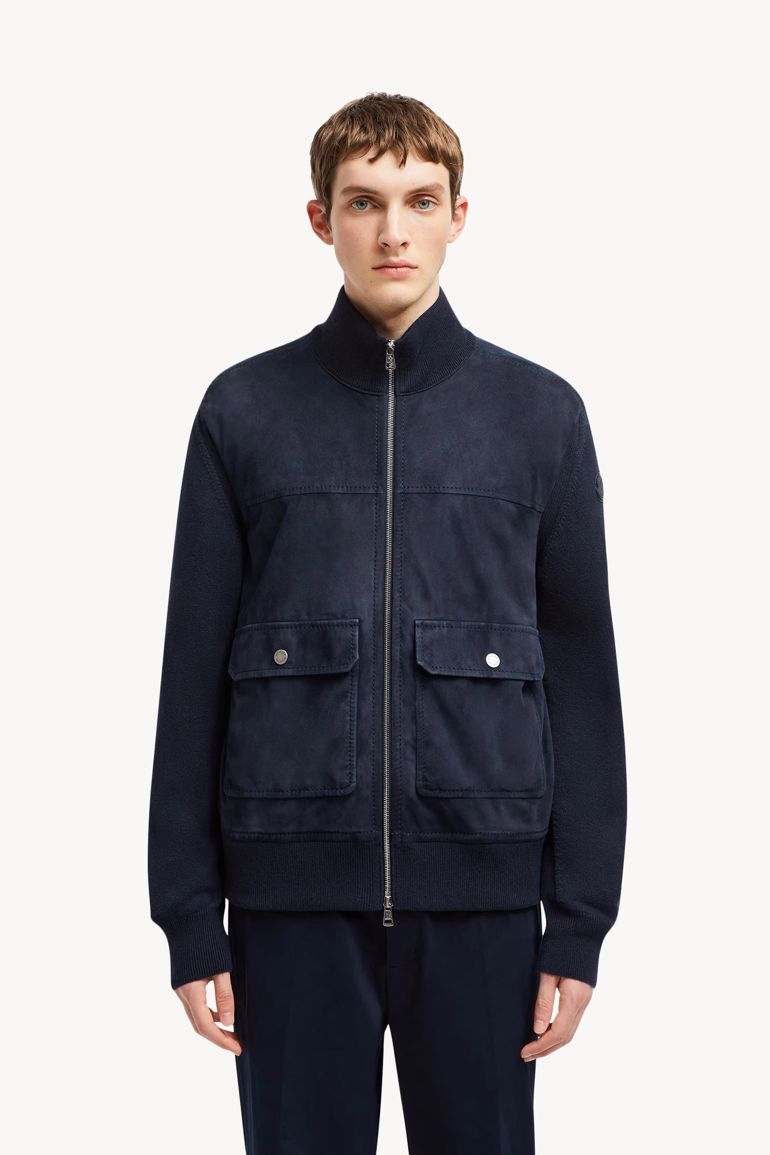 Cárdigan con cremallera de lana, algodón y ante Hombre Azul marino Moncler 3
